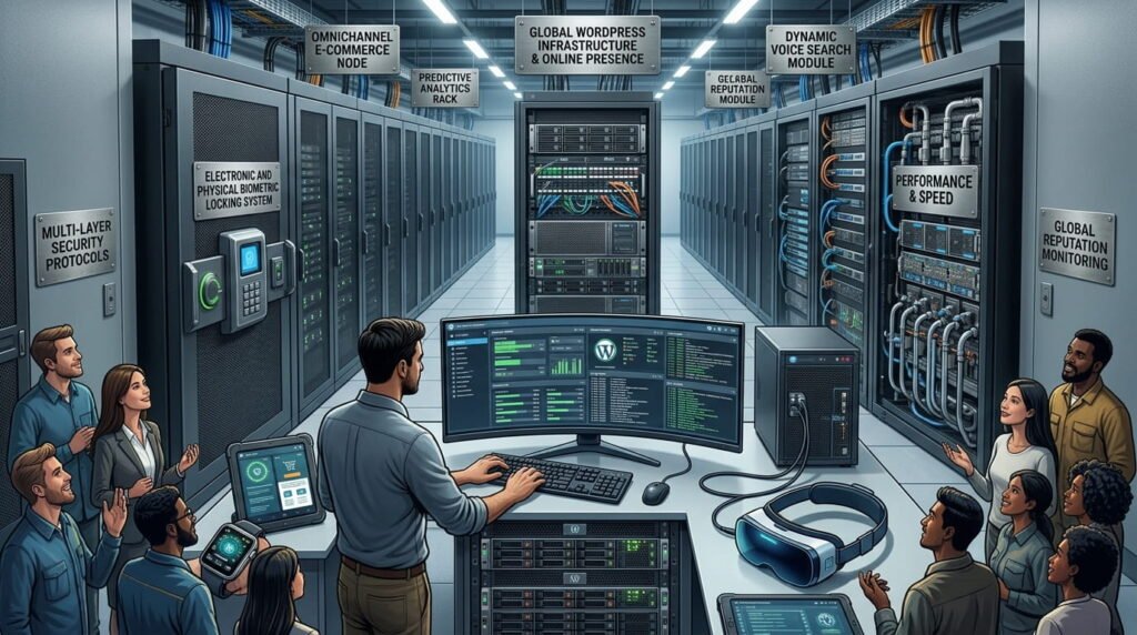 A data center illustration shows a male developer using a central desk with a curved monitor, VR headset, and two tablets. He is surrounded by a diverse team of eight. Numerous server racks have explicit labels, including 'GLOBAL WORDPRESS INFRASTRUCTURE & ONLINE PRESENCE', 'ELECTRONIC AND PHYSICAL BIOMETRIC LOCKING SYSTEM', 'PERFORMANCE & SPEED', and 'GLOBAL REPUTATION MONITORING'. Text boxes provide alternative text descriptions for key elements, such as the diverse team and the specific security and cooling features.